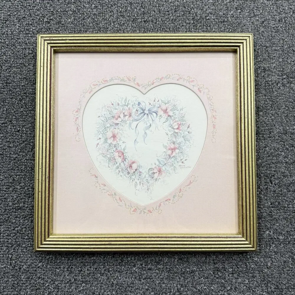 Vintage Floral Pink Heart Gold Framed Wall Decor Cottagecore, Grandmacore, Homco